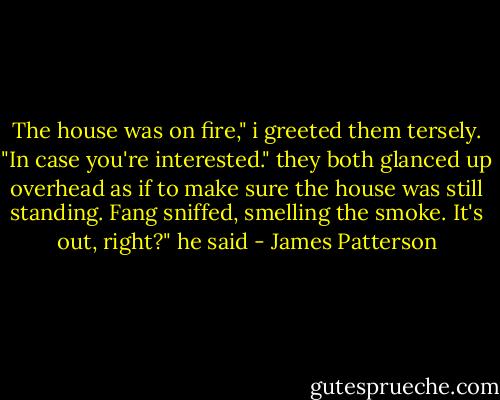The house was on fire," i greeted them tersely. "In case you're interested."<br />they both glanced up overhead as if to make sure the house was still standing. Fang sniffed, smelling the smoke.<br />It's out, right?" he said - James Patterson
