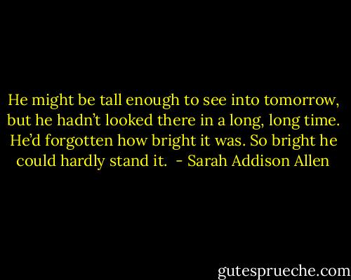 He might be tall enough to see into tomorrow, but he hadn’t looked there in a long, long time.<br />He’d forgotten how bright it was.<br />So bright he could hardly stand it.  - Sarah Addison Allen