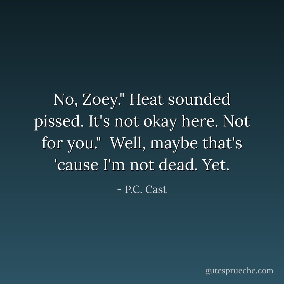 No, Zoey."<br />Heat sounded pissed.<br />It's not okay here. Not for you."<br /><br />Well, maybe that's 'cause I'm not dead. Yet. - P.C. Cast