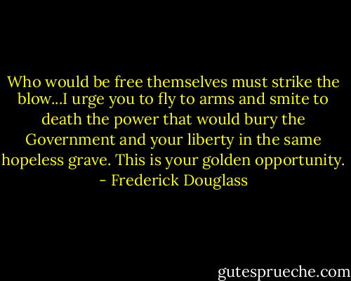 Who would be free themselves must strike the blow...I urge you to fly to arms and smite to death the power that would bury the Government and your liberty in the same hopeless grave. This is your golden opportunity. - Frederick Douglass