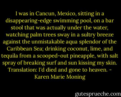 I was in Cancun, Mexico, sitting in a disappearing-edge swimming pool, on a bar stool that was actually under the water, watching palm trees sway in a sultry breeze against the unmistakable aqua splendor of the Caribbean Sea; drinking coconut, lime, and tequila from a scooped-out pineapple, with salt spray of breaking surf and sun kissing my skin.<br />Translation: I'd died and gone to heaven. - Karen Marie Moning