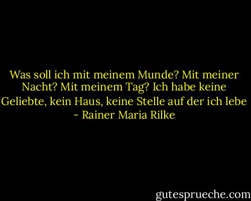 Was soll ich mit meinem Munde? Mit meiner Nacht? Mit meinem Tag? Ich habe keine Geliebte, kein Haus, keine Stelle auf der ich lebe - Rainer Maria Rilke