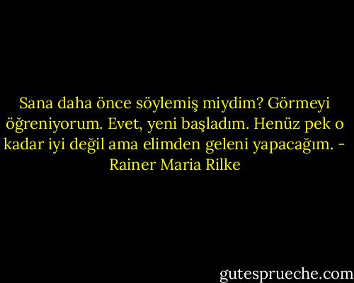 Sana daha önce söylemiş miydim? Görmeyi öğreniyorum. Evet, yeni başladım. Henüz pek o kadar iyi değil ama elimden geleni yapacağım. - Rainer Maria Rilke