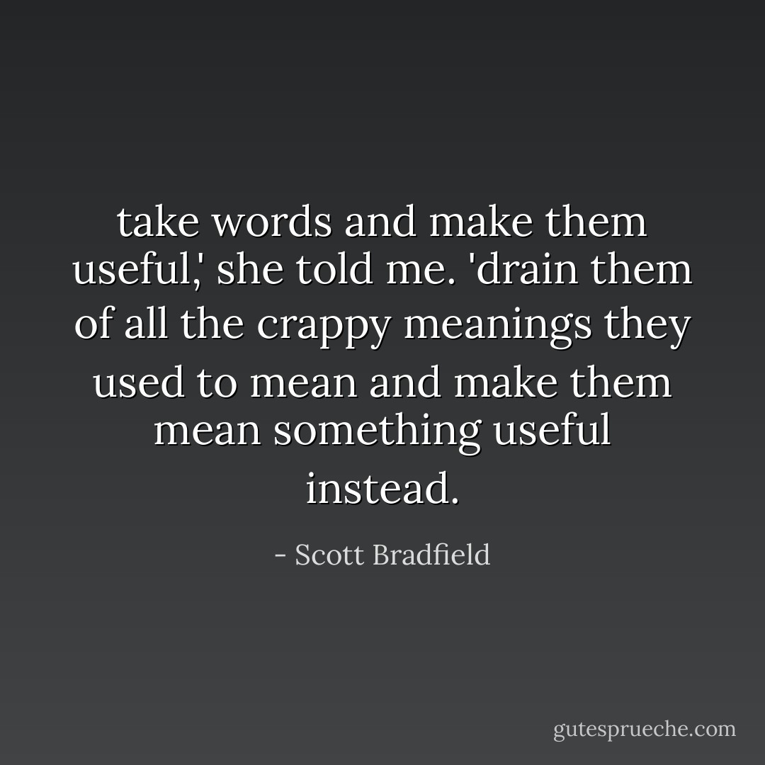 take words and make them useful,' she told me. 'drain them of all the crappy meanings they used to mean and make them mean something useful instead. - Scott Bradfield