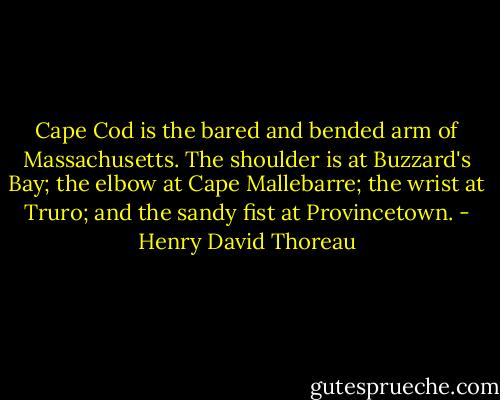 Cape Cod is the bared and bended arm of Massachusetts. The shoulder is at Buzzard's Bay; the elbow at Cape Mallebarre; the wrist at Truro; and the sandy fist at Provincetown. - Henry David Thoreau