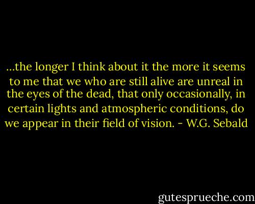 …the longer I think about it the more it seems to me that we who are still alive are unreal in the eyes of the dead, that only occasionally, in certain lights and atmospheric conditions, do we appear in their field of vision. - W.G. Sebald