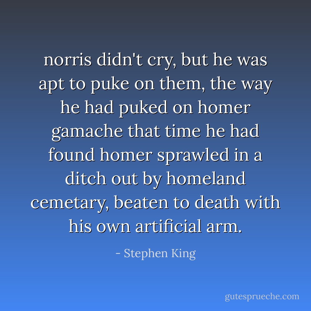 norris didn't cry, but he was apt to puke on them, the way he had puked on homer gamache that time he had found homer sprawled in a ditch out by homeland cemetary, beaten to death with his own artificial arm. - Stephen King