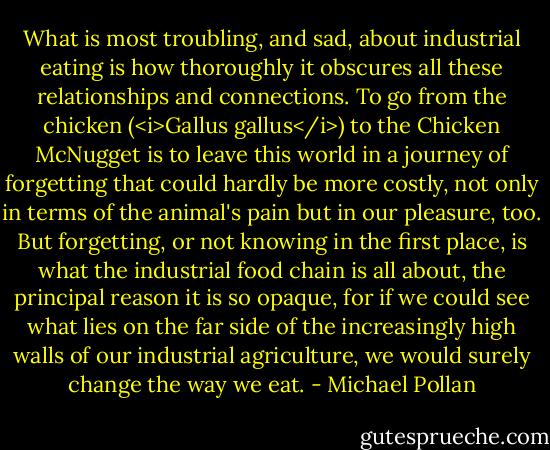What is most troubling, and sad, about industrial eating is how thoroughly it obscures all these relationships and connections. To go from the chicken (<i>Gallus gallus</i>) to the Chicken McNugget is to leave this world in a journey of forgetting that could hardly be more costly, not only in terms of the animal's pain but in our pleasure, too. But forgetting, or not knowing in the first place, is what the industrial food chain is all about, the principal reason it is so opaque, for if we could see what lies on the far side of the increasingly high walls of our industrial agriculture, we would surely change the way we eat. - Michael Pollan