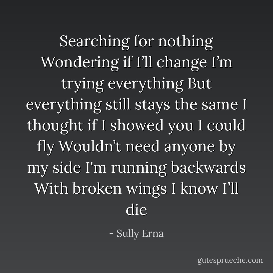 Searching for nothing<br />Wondering if I’ll change<br />I’m trying everything<br />But everything still stays the same<br />I thought if I showed you I could fly<br />Wouldn’t need anyone by my side<br />I'm running backwards<br />With broken wings I know I’ll die - Sully Erna