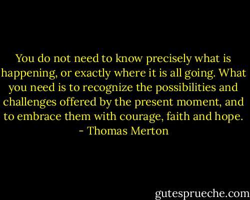 You do not need to know precisely what is happening, or exactly where it is all going. What you need is to recognize the possibilities and challenges offered by the present moment, and to embrace them with courage, faith and hope. - Thomas Merton