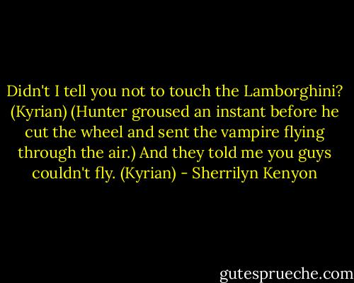 Didn't I tell you not to touch the Lamborghini? (Kyrian)<br />(Hunter groused an instant before he cut the wheel and sent the vampire flying through the air.)<br />And they told me you guys couldn't fly. (Kyrian) - Sherrilyn Kenyon