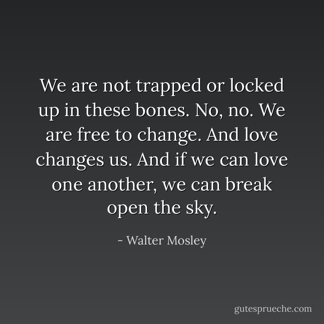 We are not trapped or locked up in these bones. No, no. We are free to change. And love changes us. And if we can love one another, we can break open the sky. - Walter Mosley