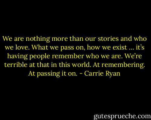 We are nothing more than our stories and who we love. What we pass on, how we exist … it’s having people remember who we are. We’re terrible at that in this world. At remembering. At passing it on. - Carrie Ryan