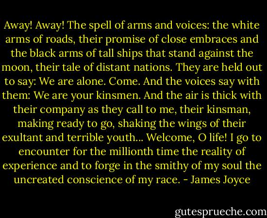 Away! Away! The spell of arms and voices: the white arms of roads, their promise of close embraces and the black arms of tall ships that stand against the moon, their tale of distant nations. They are held out to say: We are alone. Come. And the voices say with them: We are your kinsmen. And the air is thick with their company as they call to me, their kinsman, making ready to go, shaking the wings of their exultant and terrible youth... Welcome, O life! I go to encounter for the millionth time the reality of experience and to forge in the smithy of my soul the uncreated conscience of my race. - James Joyce