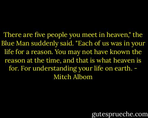 There are five people you meet in heaven," the Blue Man suddenly said. "Each of us was in your life for a reason. You may not have known the reason at the time, and that is what heaven is for. For understanding your life on earth. - Mitch Albom