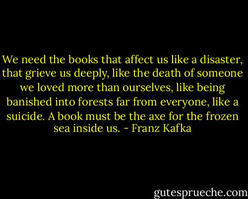 We need the books that affect us like a disaster, that grieve us deeply, like the death of someone we loved more than ourselves, like being banished into forests far from everyone, like a suicide. A book must be the axe for the frozen sea inside us. - Franz Kafka