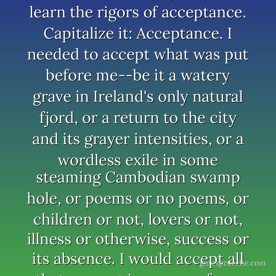 And the view was suddenly clear to me. The world opened out to its grim beyonds and I realized that, at forty, one must learn the rigors of acceptance. Capitalize it: Acceptance. I needed to accept what was put before me--be it a watery grave in Ireland's only natural fjord, or a return to the city and its grayer intensities, or a wordless exile in some steaming Cambodian swamp hole, or poems or no poems, or children or not, lovers or not, illness or otherwise, success or its absence. I would accept all that was put in my way, from here on through until I breathed my last. - Kevin Barry