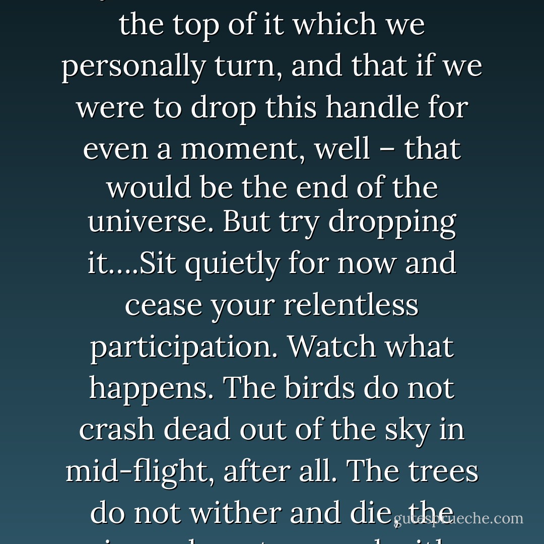 At some point, as Richard keeps telling me, you gotta let go and sit still and allow contentment to come to you.<br />Letting go, of course, is a scary enterprise for those of us who believe that the world revolves only because it has a handle on the top of it which we personally turn, and that if we were to drop this handle for even a moment, well – that would be the end of the universe. But try dropping it….Sit quietly for now and cease your relentless participation. Watch what happens. The birds do not crash dead out of the sky in mid-flight, after all. The trees do not wither and die, the rivers do not run red with blood. Life continues to go on…. Why are you so sure that your micromanagement of every moment in this whole world is so essential? Why don’t you let it be? - Elizabeth Gilbert
