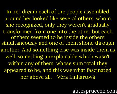 In her dream each of the people assembled around her looked like several others, whom she recognized, only they weren't gradually transformed from one into the other but each of them seemed to be inside the others simultaneously and one of them shone through another. And something else was inside them as well, something unexplainable which wasn't within any of them, whose sum total they appeared to be, and this was what fascinated her above all. - Věra Linhartová