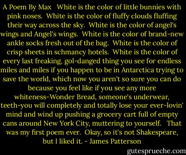 A Poem<br />By Max<br /><br /> White is the color of little bunnies with pink noses.<br /> White is the color of fluffy clouds fluffing their way across the sky.<br /> White is the color of angel's wings and Angel's wings.<br /> White is the color of brand-new ankle socks fresh out of the bag.<br /> White is the color of crisp sheets in schmancy hotels.<br /> White is the color of every last freaking, gol-danged thing you see for endless miles and miles if you happen to be in Antarctica trying to save the world, which now you aren't so sure you can do because you feel like if you see any more whiteness-Wonder Bread, someone's underwear, teeth-you will completely and totally lose your ever-lovin' mind and wind up pushing a grocery cart full of empty cans around New York City, muttering to yourself.<br /><br /> That was my first poem ever.<br /> Okay, so it's not Shakespeare, but I liked it. - James Patterson