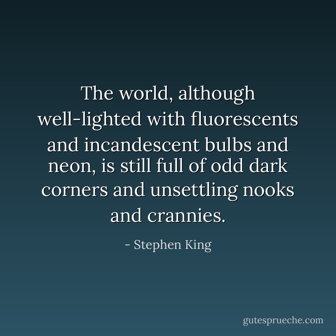 The world, although well-lighted with fluorescents and incandescent bulbs and neon, is still full of odd dark corners and unsettling nooks and crannies. - Stephen King