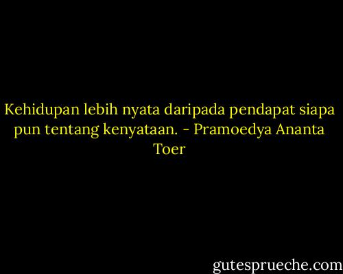 Kehidupan lebih nyata daripada pendapat siapa pun tentang kenyataan. - Pramoedya Ananta Toer