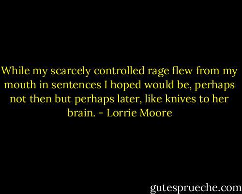 While my scarcely controlled rage flew from my mouth in sentences I hoped would be, perhaps not then but perhaps later, like knives to her brain. - Lorrie Moore