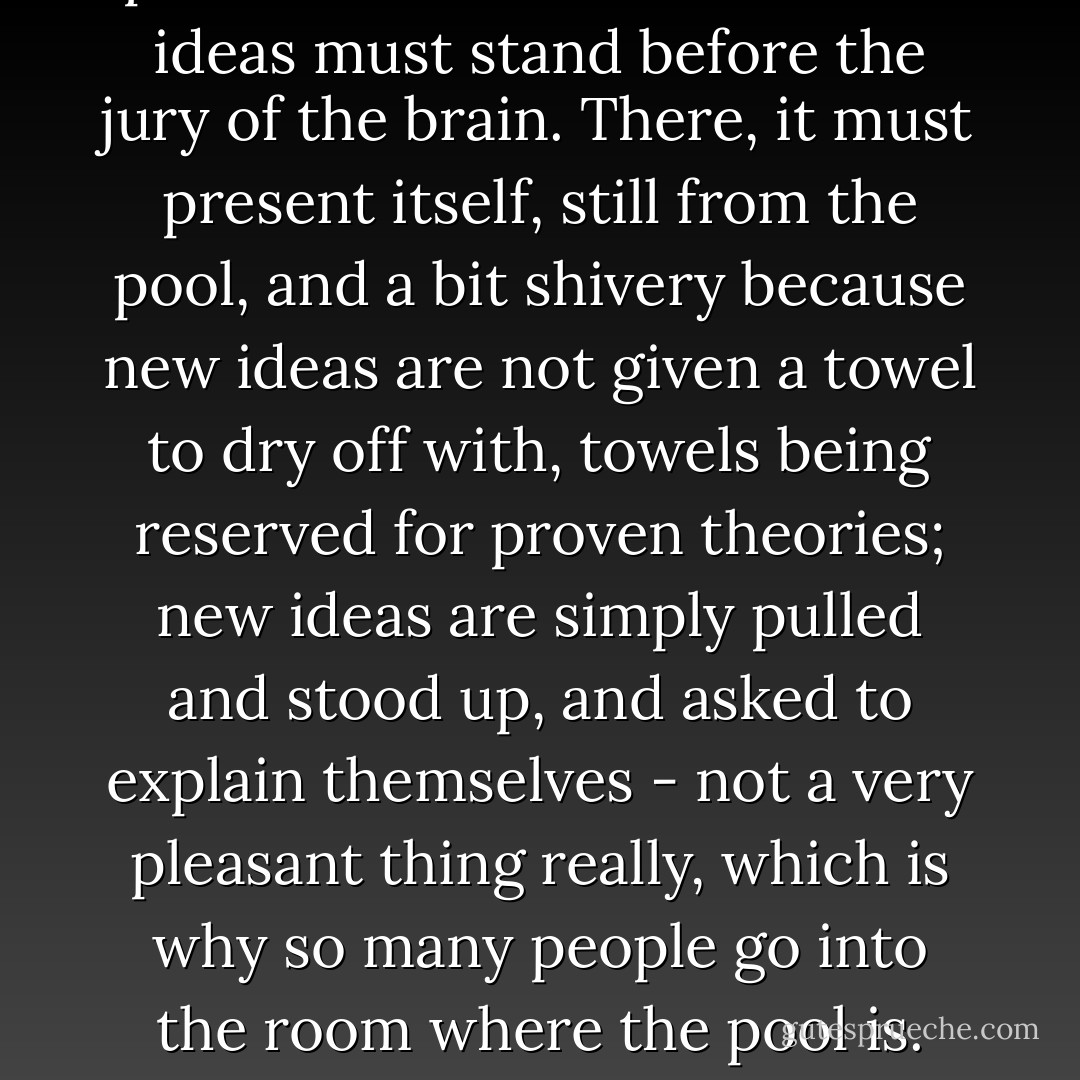 I feel as though, if I were to extend my hand just a little toward the pool where the ideas ferment, I could grab at the idea and pull it out of the pool and onto the floor where ideas must stand before the jury of the brain. There, it must present itself, still from the pool, and a bit shivery because new ideas are not given a towel to dry off with, towels being reserved for proven theories; new ideas are simply pulled and stood up, and asked to explain themselves - not a very pleasant thing really, which is why so many people go into the room where the pool is. The exercise is exhausting not to mention a bit difficult to watch, if you are at all a sympathetic creature. What was my idea, anyways? - Emilie Autumn