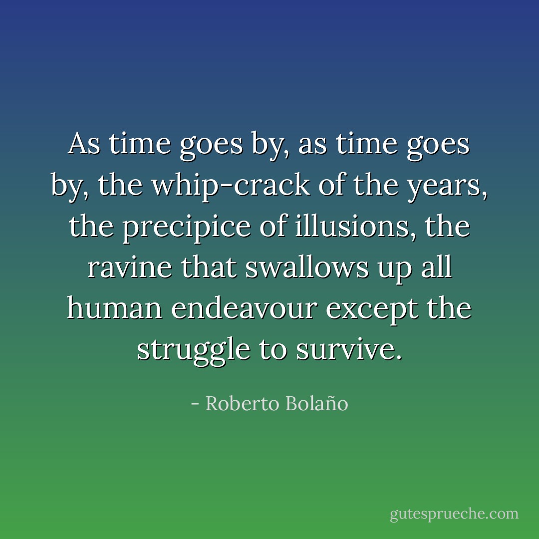 As time goes by, as time goes by, the whip-crack of the years, the precipice of illusions, the ravine that swallows up all human endeavour except the struggle to survive. - Roberto Bolaño