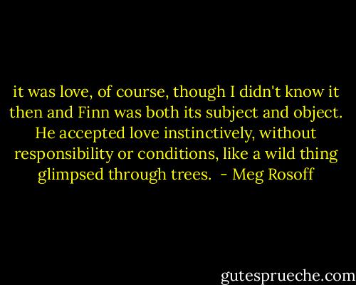 it was love, of course, though I didn't know it then and Finn was both its subject and object. He accepted love instinctively, without responsibility or conditions, like a wild thing glimpsed through trees.  - Meg Rosoff