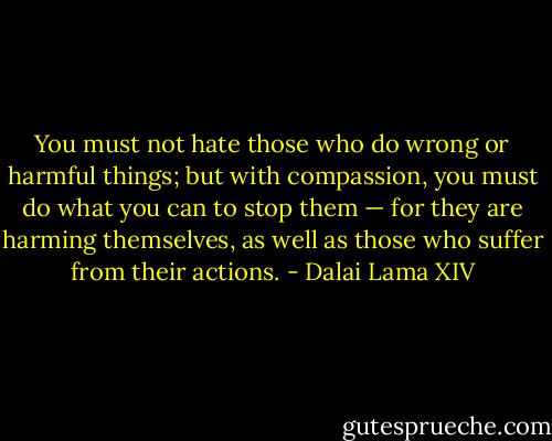 You must not hate those who do wrong or harmful things; but with compassion, you must do what you can to stop them — for they are harming themselves, as well as those who suffer from their actions. - Dalai Lama XIV