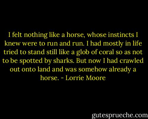 I felt nothing like a horse, whose instincts I knew were to run and run. I had mostly in life tried to stand still like a glob of coral so as not to be spotted by sharks. But now I had crawled out onto land and was somehow already a horse. - Lorrie Moore