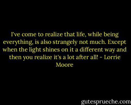 I've come to realize that life, while being everything, is also strangely not much. Except when the light shines on it a different way and then you realize it's a lot after all! - Lorrie Moore