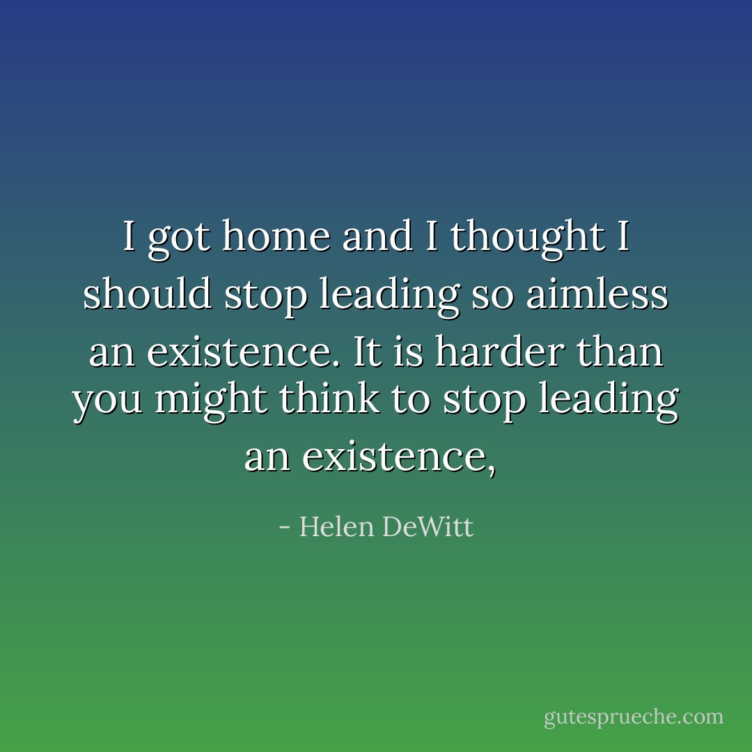 I got home and I thought I should stop leading so aimless an existence. It is harder than you might think to stop leading an existence,  - Helen DeWitt
