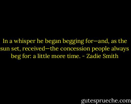 In a whisper he began begging for—and, as the sun set, received—the concession people always beg for: a little more time. - Zadie Smith