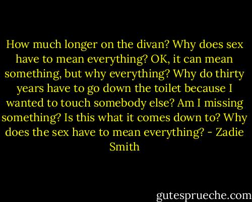 How much longer on the divan? Why does sex have to mean everything? OK, it can mean something, but why everything? Why do thirty years have to go down the toilet because I wanted to touch somebody else? Am I missing something? Is this what it comes down to? Why does the sex have to mean everything? - Zadie Smith