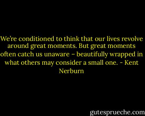 We’re conditioned to think that our lives revolve around great moments. But great moments often catch us unaware – beautifully wrapped in what others may consider a small one. - Kent Nerburn