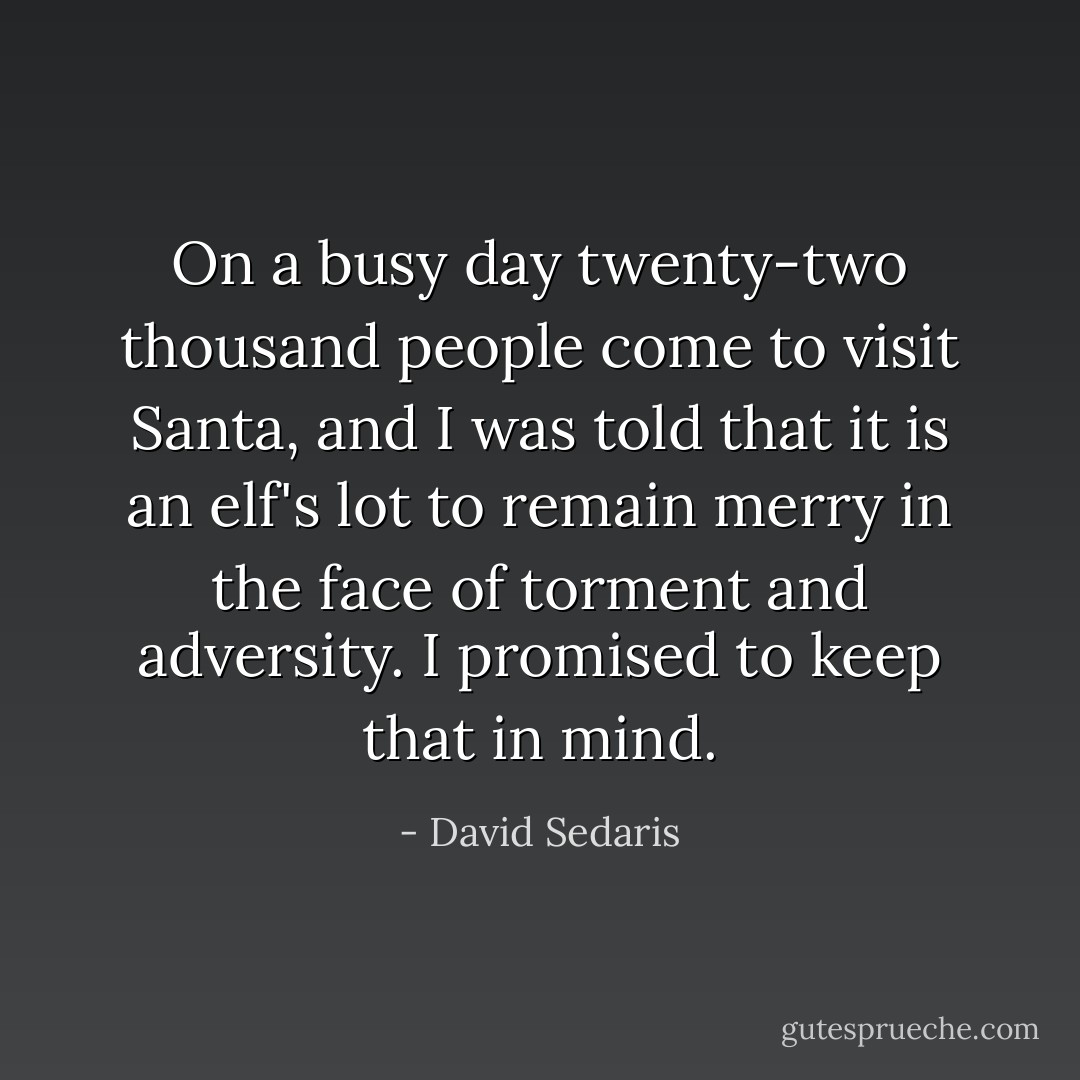 On a busy day twenty-two thousand people come to visit Santa, and I was told that it is an elf's lot to remain merry in the face of torment and adversity. I promised to keep that in mind. - David Sedaris