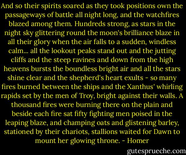 And so their spirits soared<br />as they took positions own the passageways of battle<br />all night long, and the watchfires blazed among them.<br />Hundreds strong, as stars in the night sky glittering<br />round the moon's brilliance blaze in all their glory<br />when the air falls to a sudden, windless calm...<br />all the lookout peaks stand out and the jutting cliffs<br />and the steep ravines and down from the high heavens bursts<br />the boundless bright air and all the stars shine clear<br />and the shepherd's heart exults - so many fires burned<br />between the ships and the Xanthus' whirling rapids<br />set by the men of Troy, bright against their walls.<br />A thousand fires were burning there on the plain<br />and beside each fire sat fifty fighting men<br />poised in the leaping blaze, and champing oats<br />and glistening barley, stationed by their chariots,<br />stallions waited for Dawn to mount her glowing throne. - Homer