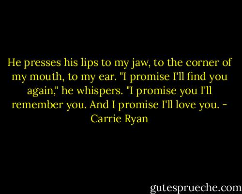 He presses his lips to my jaw, to the corner of my mouth, to my ear. "I promise I'll find you again," he whispers. "I promise you I'll remember you. And I promise I'll love you. - Carrie Ryan