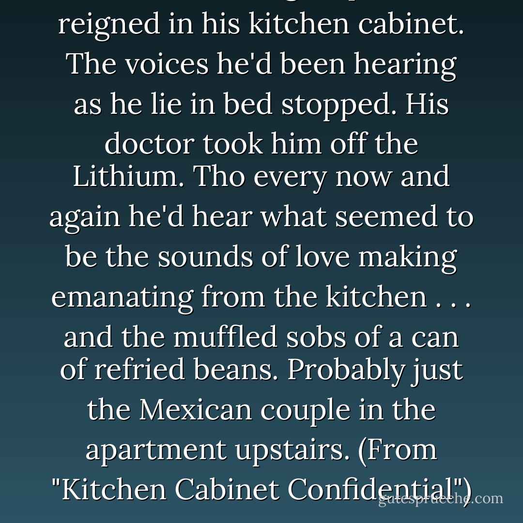 And so once again peace reigned in his kitchen cabinet. The voices he'd been hearing as he lie in bed stopped. His doctor took him off the Lithium. Tho every now and again he'd hear what seemed to be the sounds of love making emanating from the kitchen . . . and the muffled sobs of a can of refried beans. Probably just the Mexican couple in the apartment upstairs. (From "Kitchen Cabinet Confidential") - Quentin R. Bufogle
