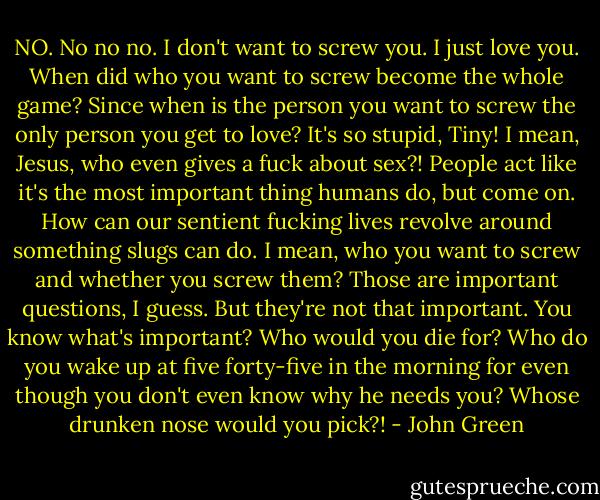NO. No no no. I don't want to screw you. I just love you. When did who you want to screw become the whole game? Since when is the person you want to screw the only person you get to love? It's so stupid, Tiny! I mean, Jesus, who even gives a fuck about sex?! People act like it's the most important thing humans do, but come on. How can our sentient fucking lives revolve around something slugs can do. I mean, who you want to screw and whether you screw them? Those are important questions, I guess. But they're not that important. You know what's important? Who would you die for? Who do you wake up at five forty-five in the morning for even though you don't even know why he needs you? Whose drunken nose would you pick?! - John Green