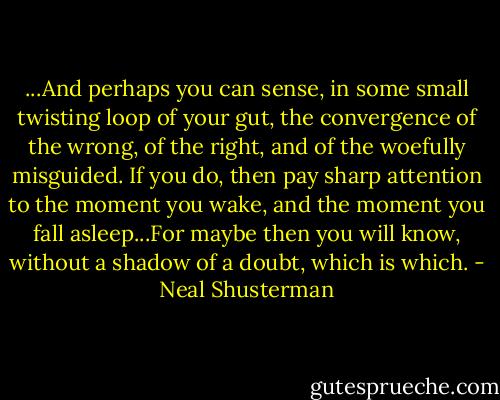 ...And perhaps you can sense, in some small twisting loop of your gut, the convergence of the wrong, of the right, and of the woefully misguided. If you do, then pay sharp attention to the moment you wake, and the moment you fall asleep...For maybe then you will know, without a shadow of a doubt, which is which. - Neal Shusterman