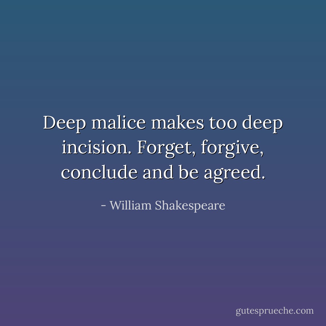 Deep malice makes too deep incision. Forget, forgive, conclude and be agreed. - William Shakespeare
