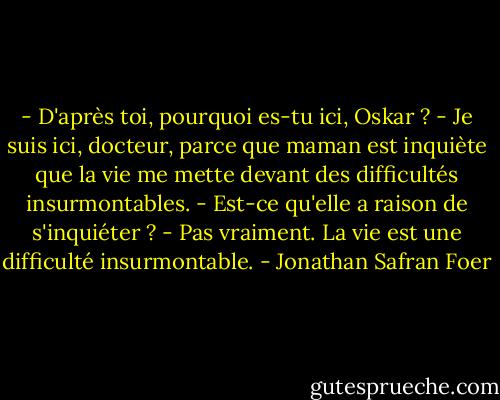 - D'après toi, pourquoi es-tu ici, Oskar ?<br />- Je suis ici, docteur, parce que maman est inquiète que la vie me mette devant des difficultés insurmontables.<br />- Est-ce qu'elle a raison de s'inquiéter ?<br />- Pas vraiment. La vie est une difficulté insurmontable. - Jonathan Safran Foer