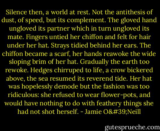 Silence then, a world at rest. Not the antithesis of dust, of speed, but its complement. The gloved hand ungloved its partner which in turn ungloved its mate. Fingers untied her chiffon and felt for hair under her hat. Strays tidied behind her ears. The chiffon became a scarf, her hands reawoke the wide sloping brim of her hat. Gradually the earth too rewoke. Hedges chirruped to life, a crow bickered above, the sea resumed its reverend tide. Her hat was hopelessly demode but the fashion was too ridiculous: she refused to wear flower-pots, and would have nothing to do with feathery things she had not shot herself. - Jamie O'Neill