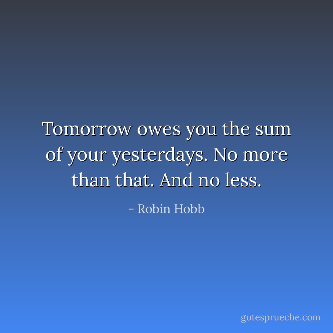Tomorrow owes you the sum of your yesterdays. No more than that. And no less. - Robin Hobb