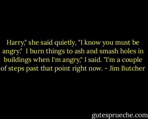 Harry," she said quietly, "I know you must be angry."<br /><br />I burn things to ash and smash holes in buildings when I'm angry," I said. "I'm a couple of steps past that point right now. - Jim Butcher