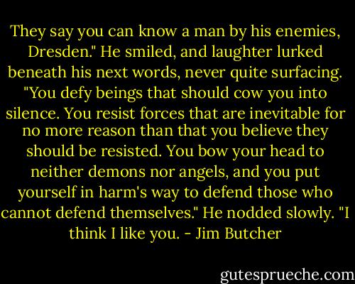 They say you can know a man by his enemies, Dresden." He smiled, and laughter lurked beneath his next words, never quite surfacing. "You defy beings that should cow you into silence. You resist forces that are inevitable for no more reason than that you believe they should be resisted. You bow your head to neither demons nor angels, and you put yourself in harm's way to defend those who cannot defend themselves." He nodded slowly. "I think I like you. - Jim Butcher