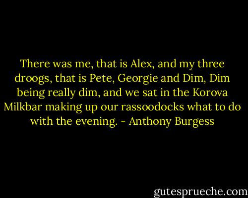 There was me, that is Alex, and my three droogs, that is Pete, Georgie and Dim, Dim being really dim, and we sat in the Korova Milkbar making up our rassoodocks what to do with the evening. - Anthony Burgess